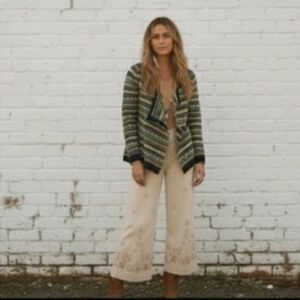 Boho Western Indie Waterfall Cardigan – Striped Open-Front Drape Sweater SZ S